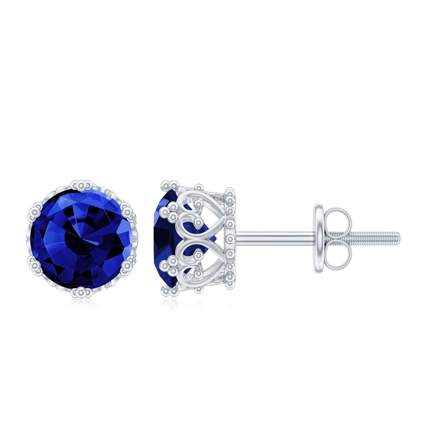 2 CT Created Blue Sapphire Solitaire Crown Stud Earrings
