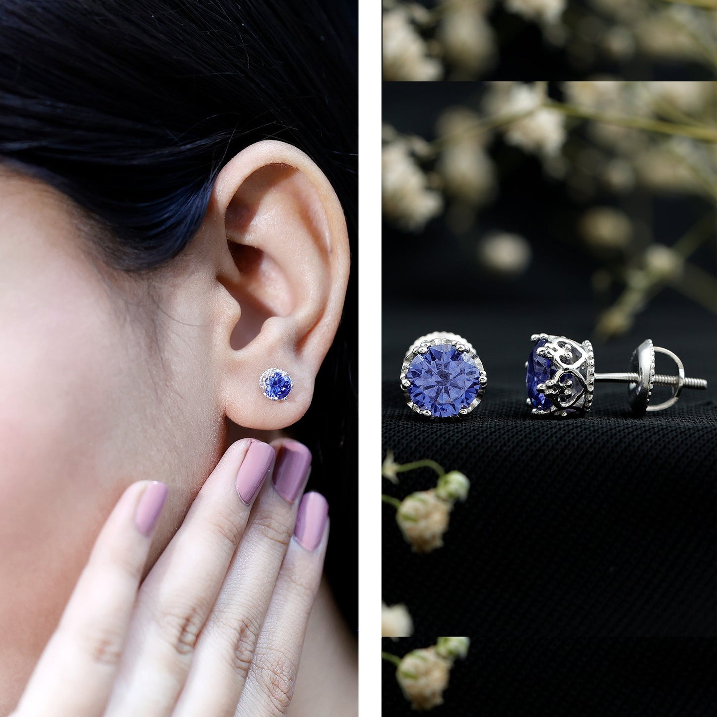 2 CT Created Blue Sapphire Solitaire Crown Stud Earrings