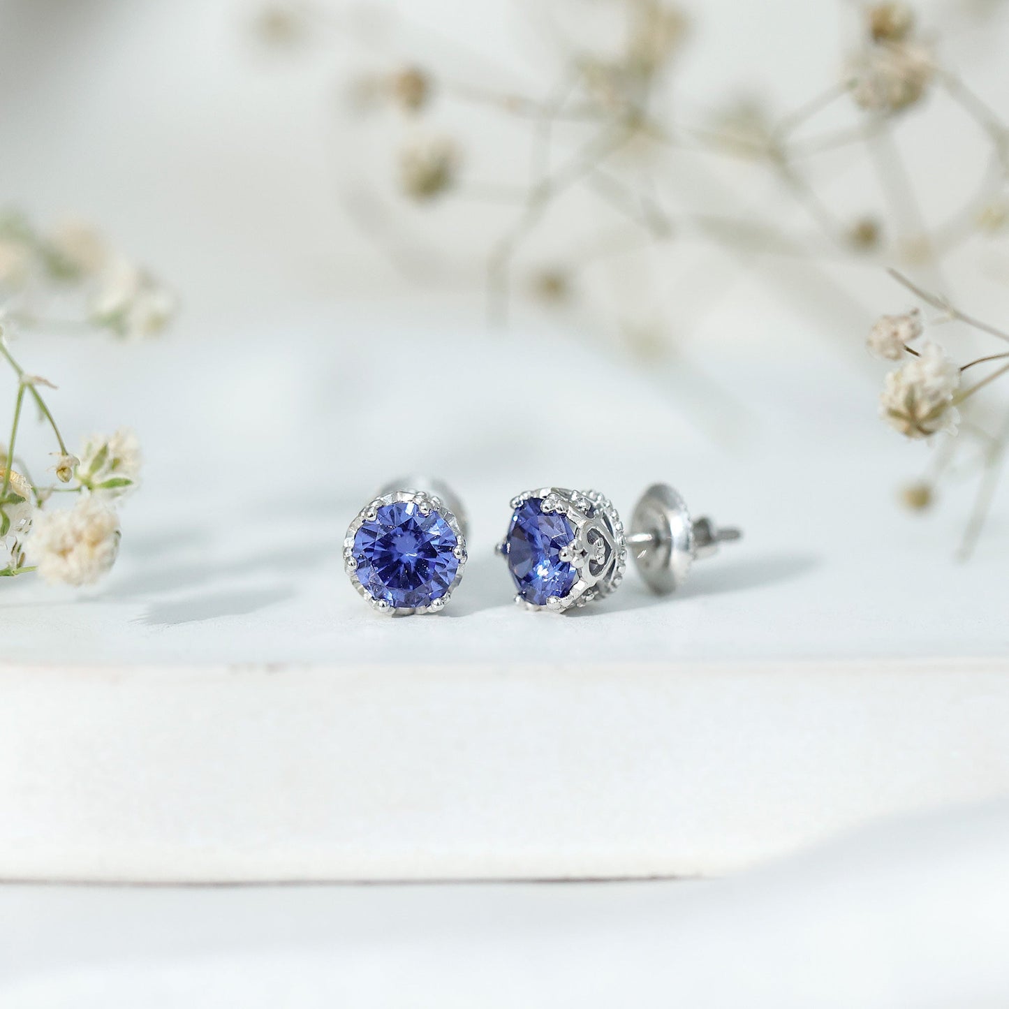 2 CT Created Blue Sapphire Solitaire Crown Stud Earrings