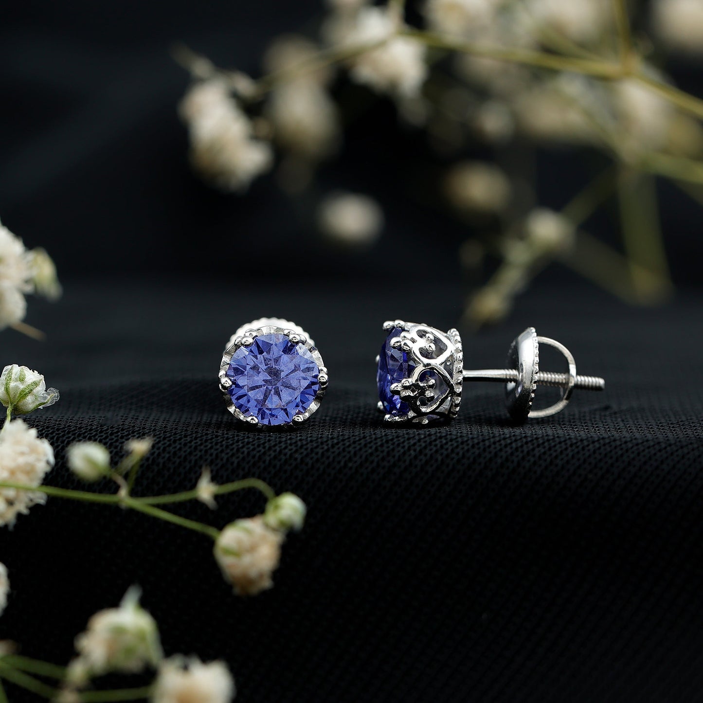 2 CT Created Blue Sapphire Solitaire Crown Stud Earrings