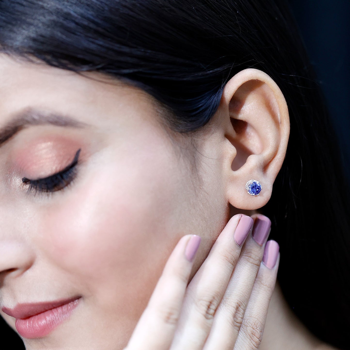 2 CT Created Blue Sapphire Solitaire Crown Stud Earrings
