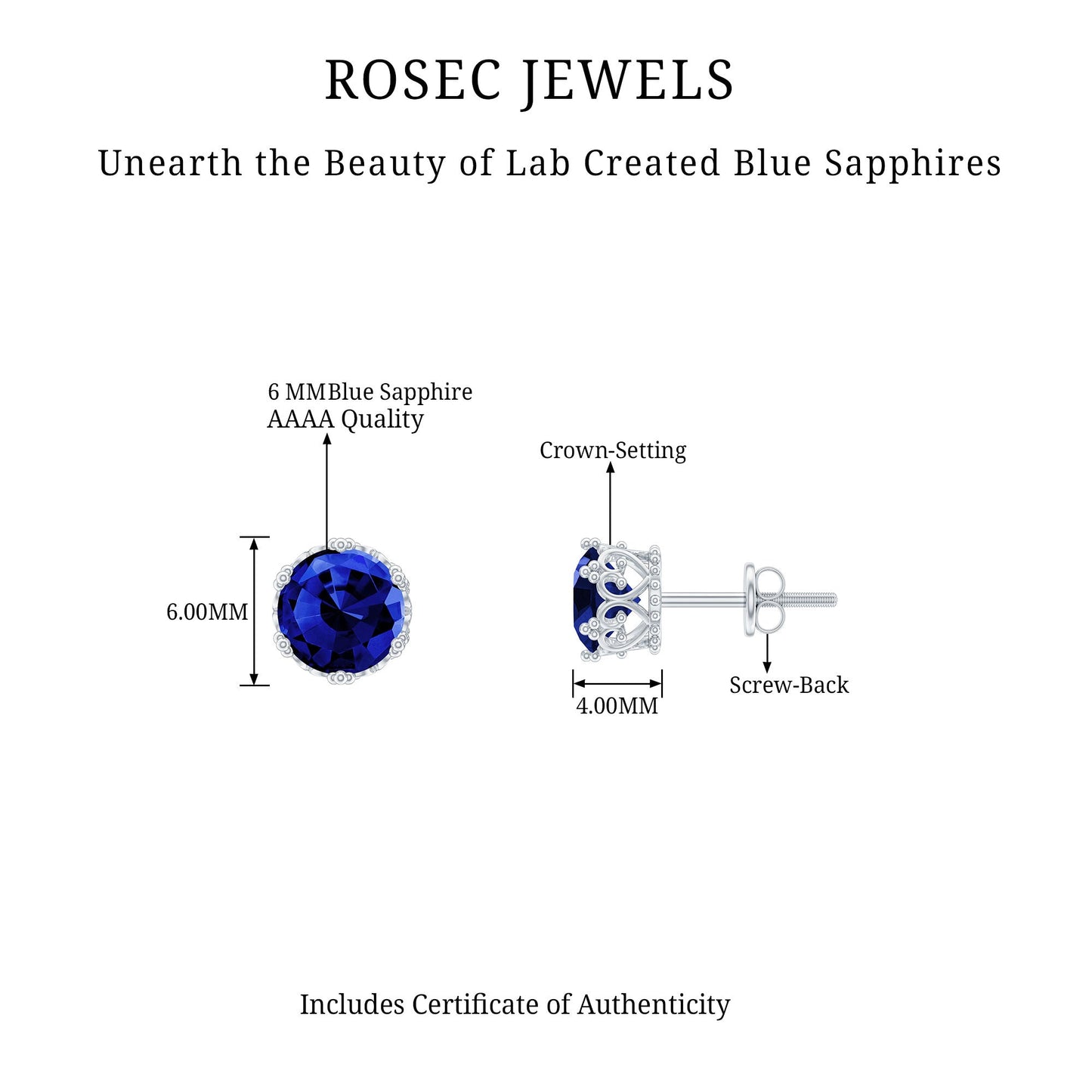 2 CT Created Blue Sapphire Solitaire Crown Stud Earrings