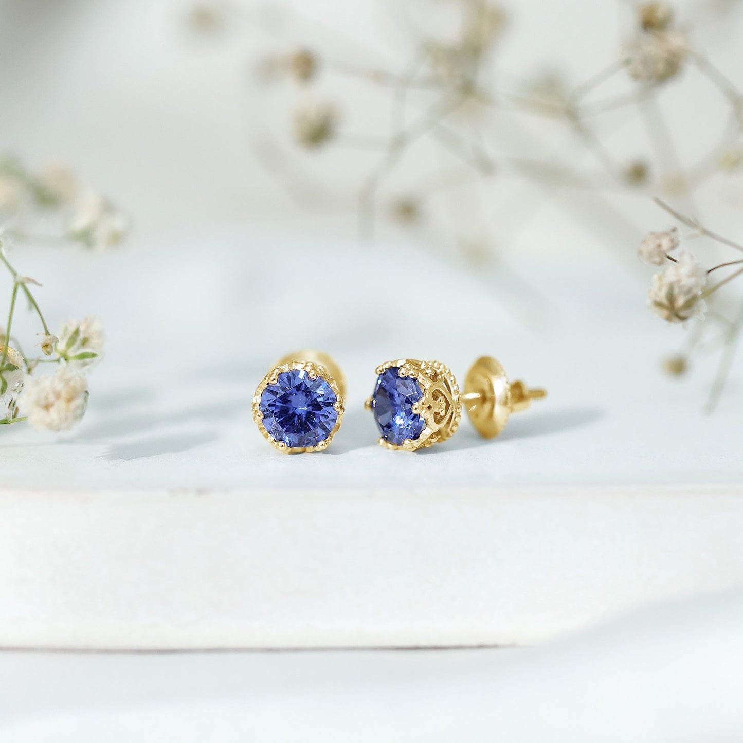 2 CT Created Blue Sapphire Solitaire Crown Stud Earrings