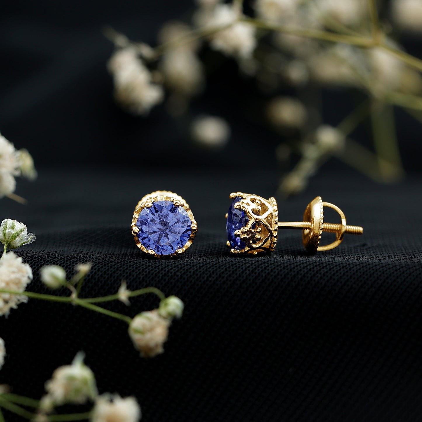 2 CT Created Blue Sapphire Solitaire Crown Stud Earrings