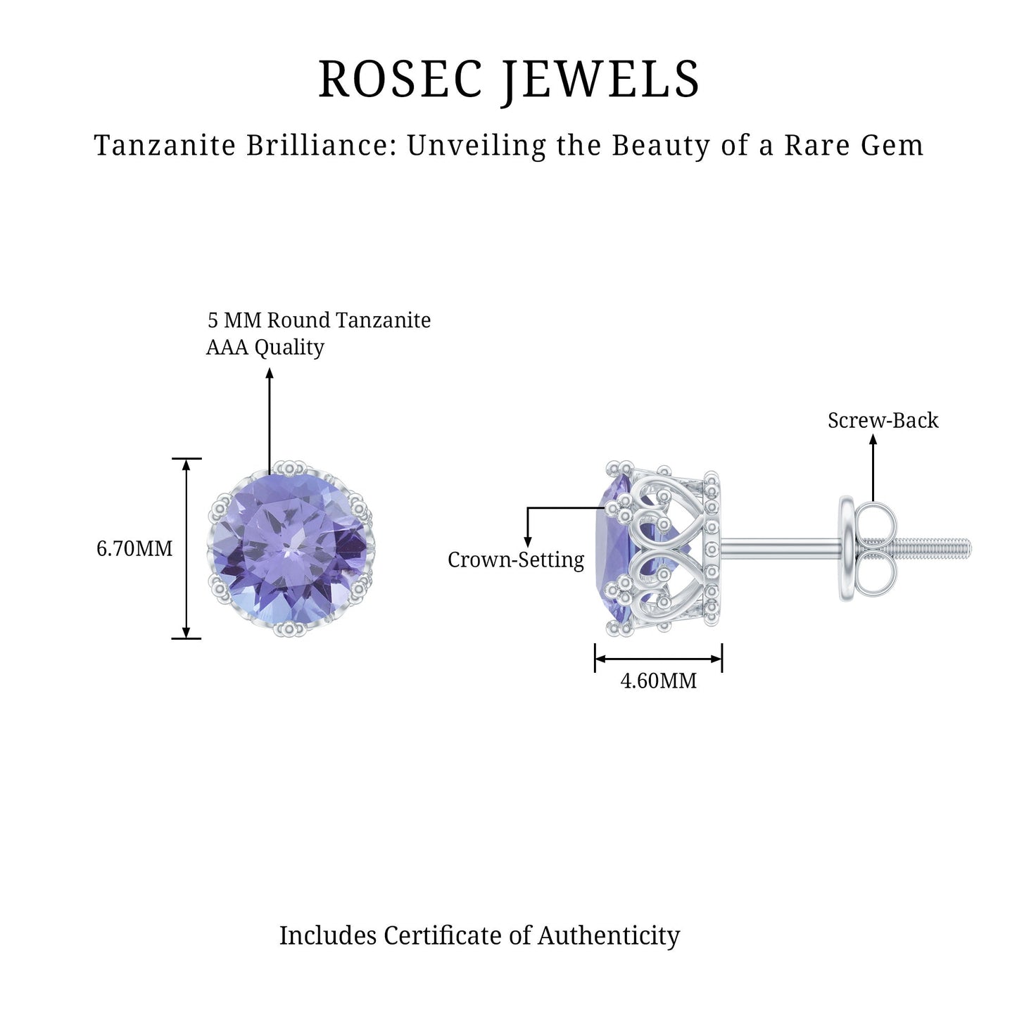 Natural 1 Carat Tanzanite Crown Stud Earrings with Screw Back