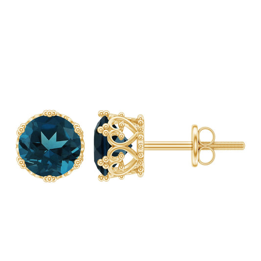 2.7 Carat Round Cut London Blue Topaz Crown Stud Earrings