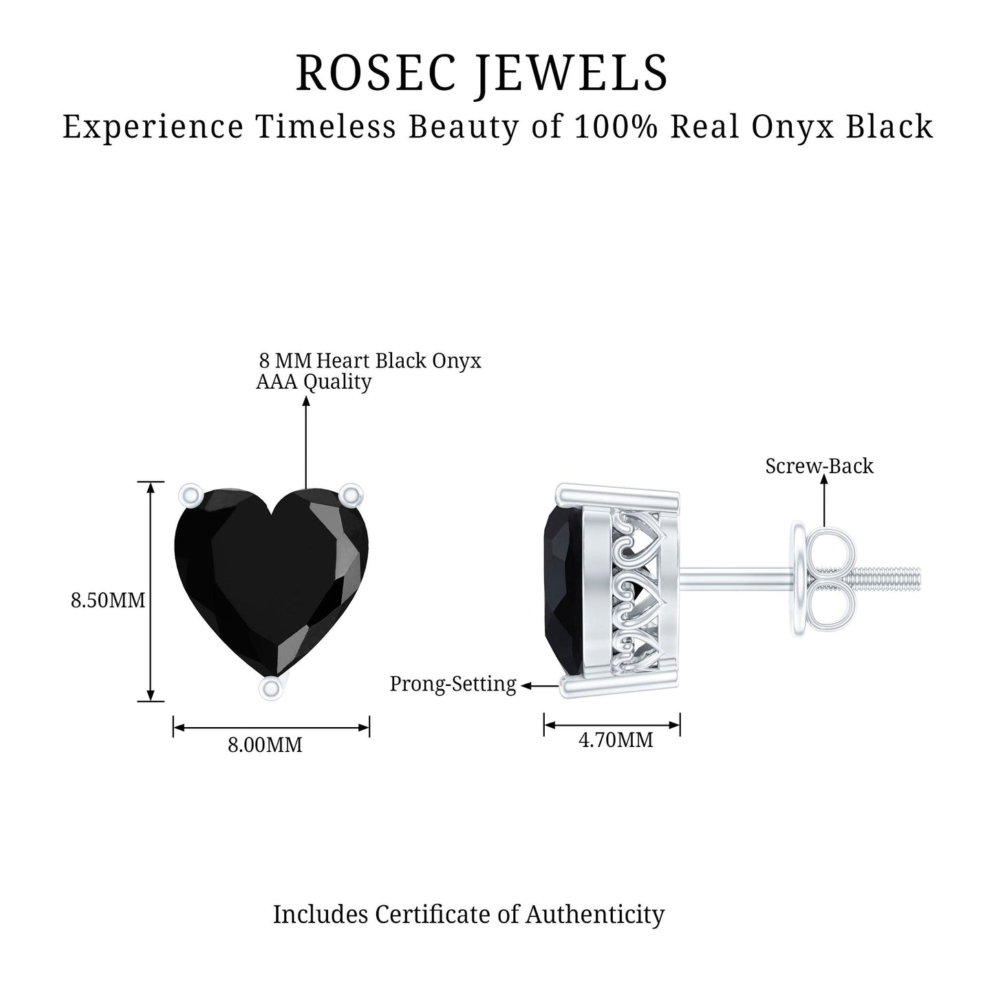 Heart Shape Black Onyx Solitaire Stud Earrings in 3 Prong Setting