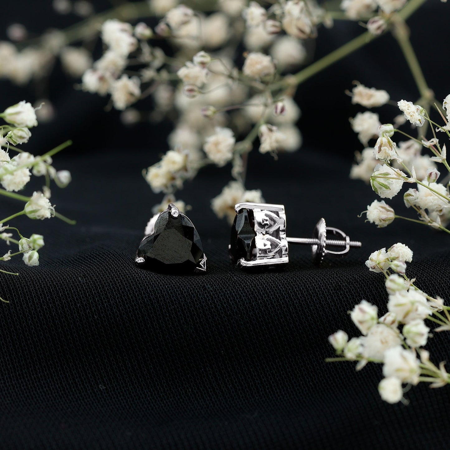 Heart Shape Black Onyx Solitaire Stud Earrings in 3 Prong Setting