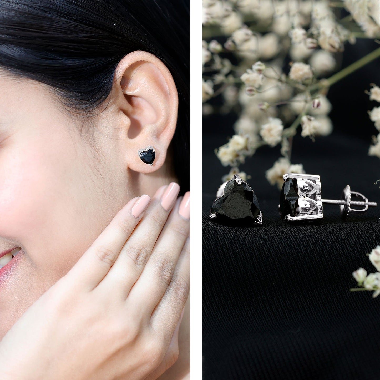 Heart Shape Black Onyx Solitaire Stud Earrings in 3 Prong Setting