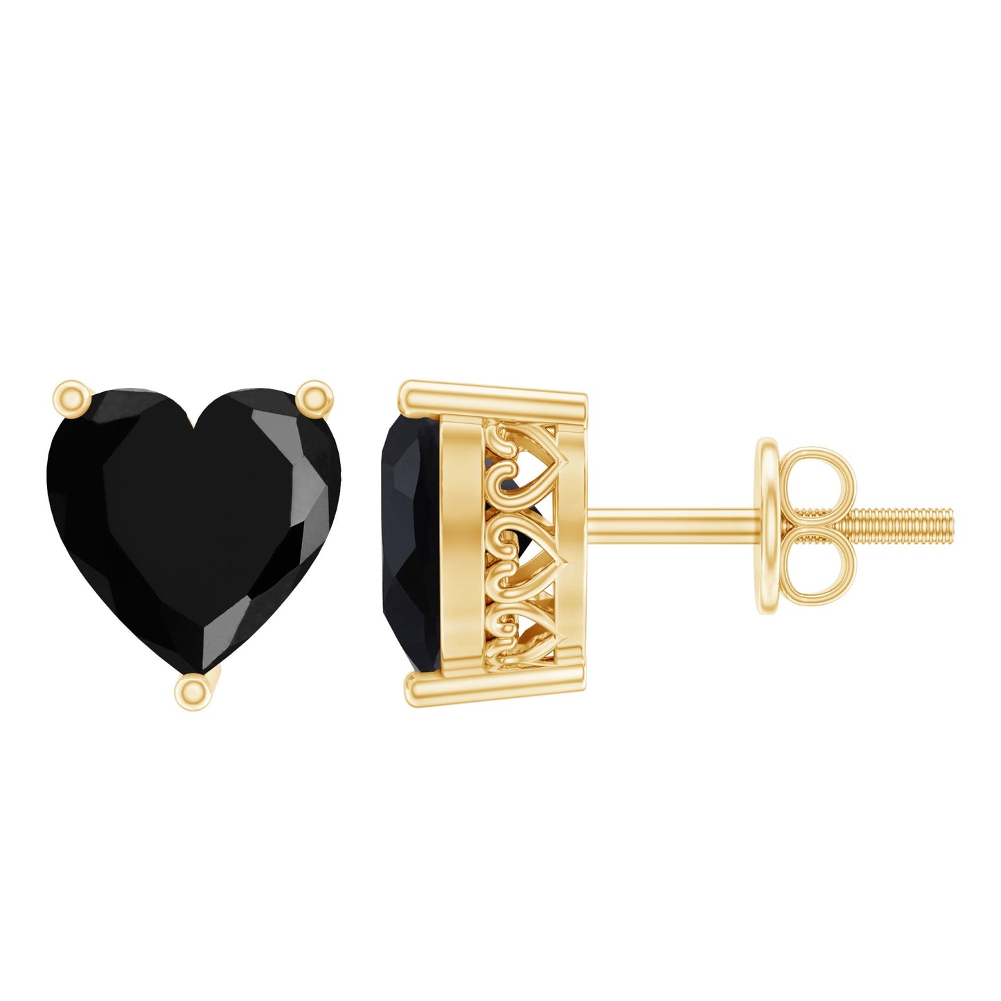 Heart Shape Black Onyx Solitaire Stud Earrings in 3 Prong Setting