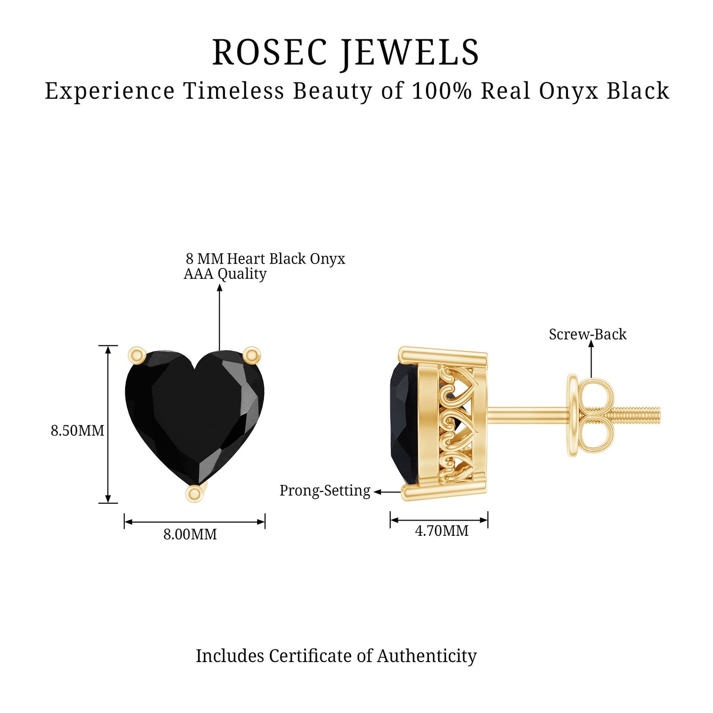 Heart Shape Black Onyx Solitaire Stud Earrings in 3 Prong Setting