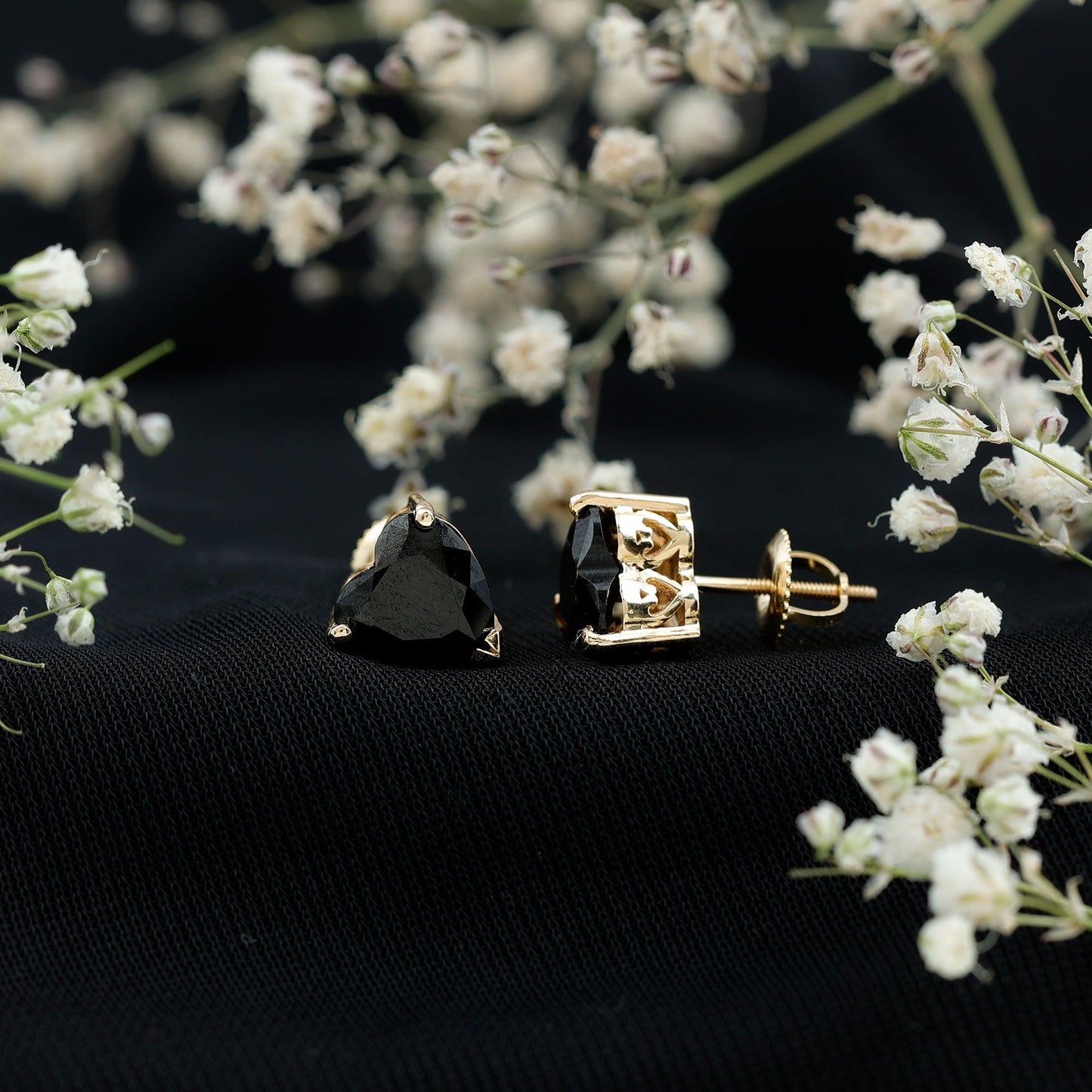 Heart Shape Black Onyx Solitaire Stud Earrings in 3 Prong Setting