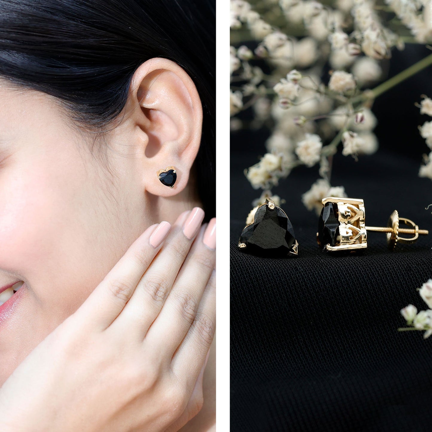 Heart Shape Black Onyx Solitaire Stud Earrings in 3 Prong Setting