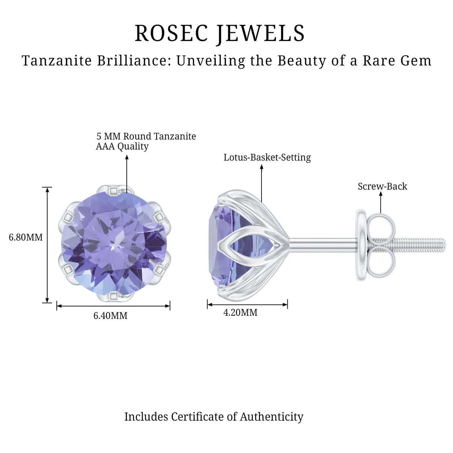 1 Carat Round Cut Tanzanite Solitaire Stud Earrings for Women