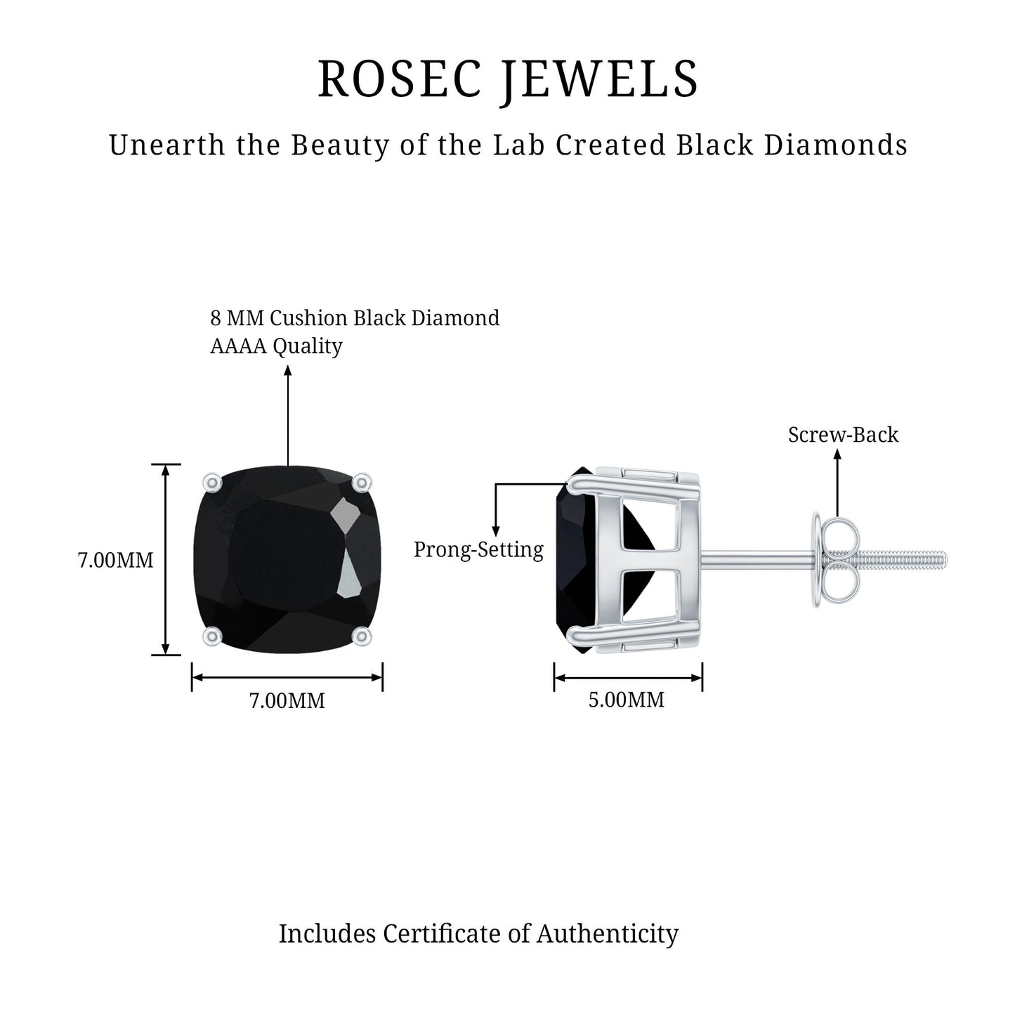 8MM Cushion Cut Created Black Diamond Stud Earrings