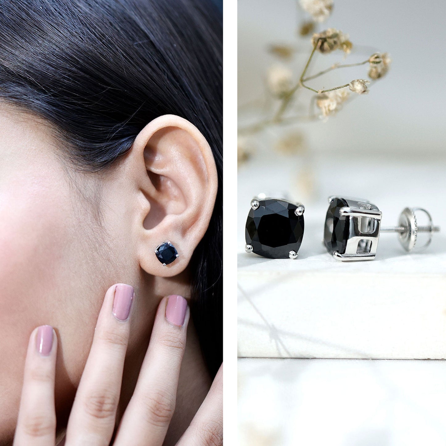 8MM Cushion Cut Created Black Diamond Stud Earrings