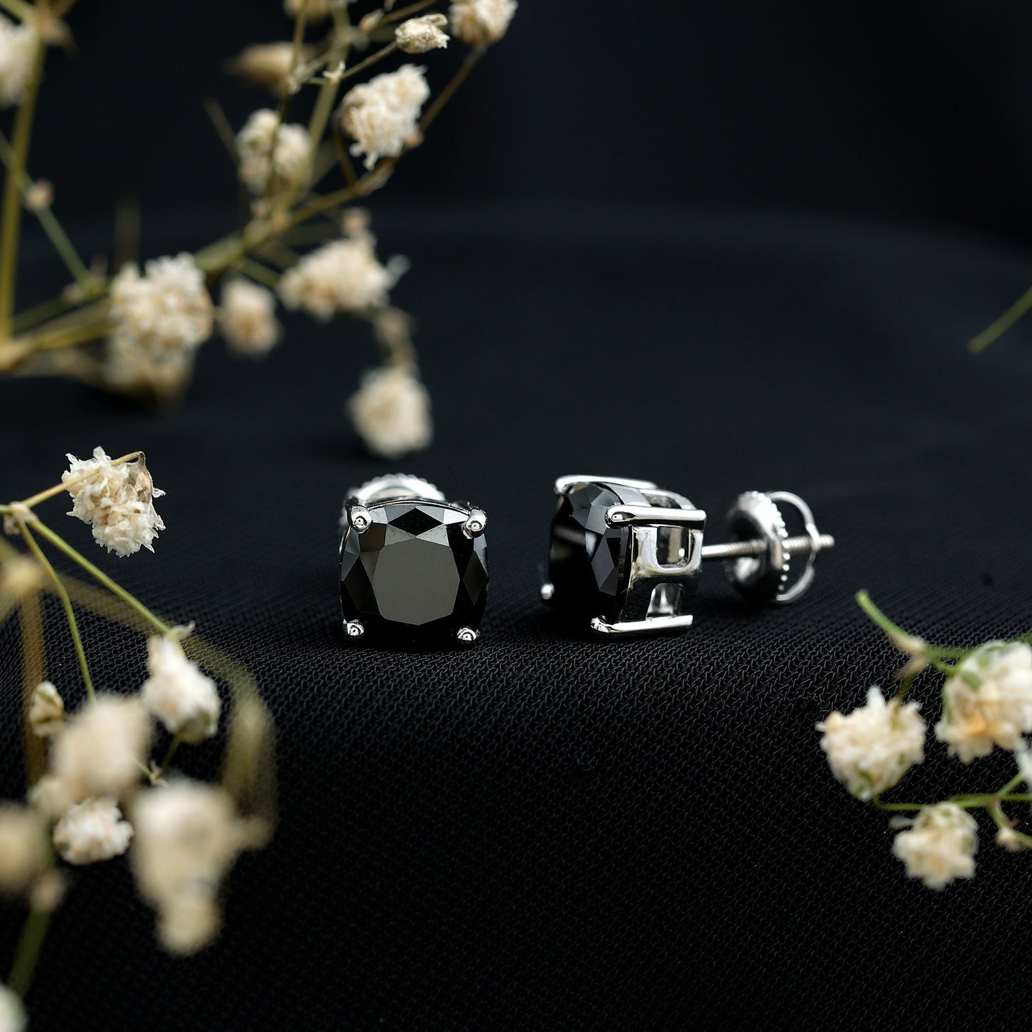 8MM Cushion Cut Created Black Diamond Stud Earrings