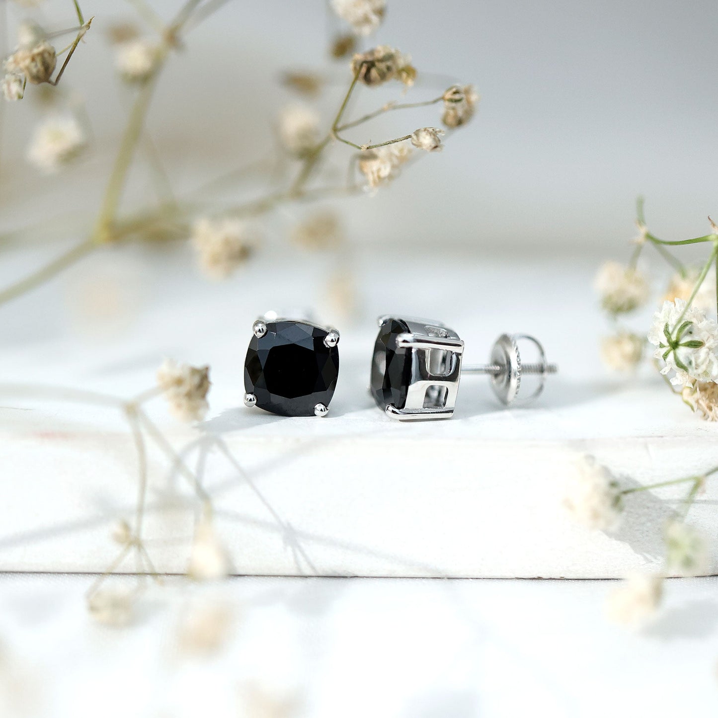 8MM Cushion Cut Created Black Diamond Stud Earrings
