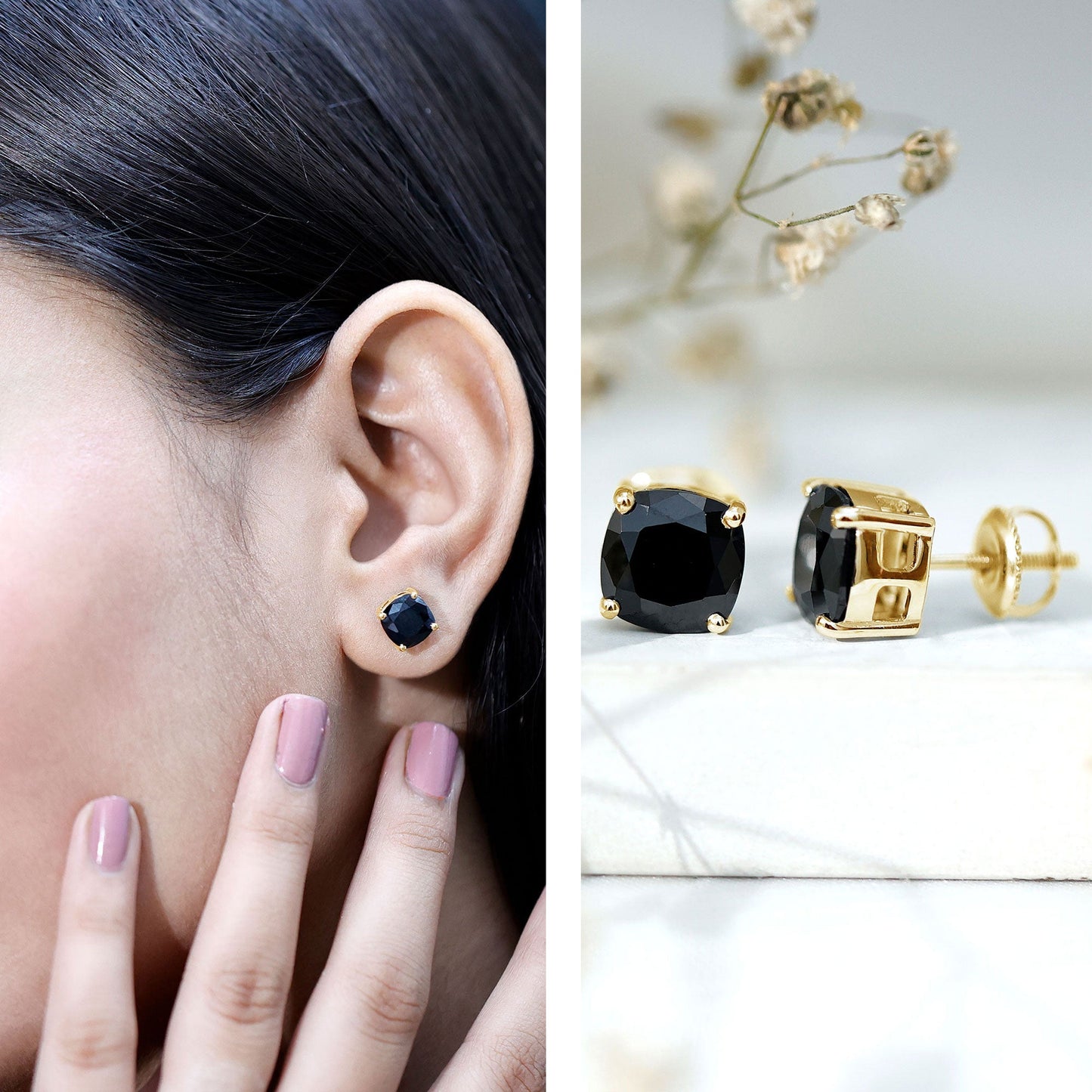 8MM Cushion Cut Created Black Diamond Stud Earrings