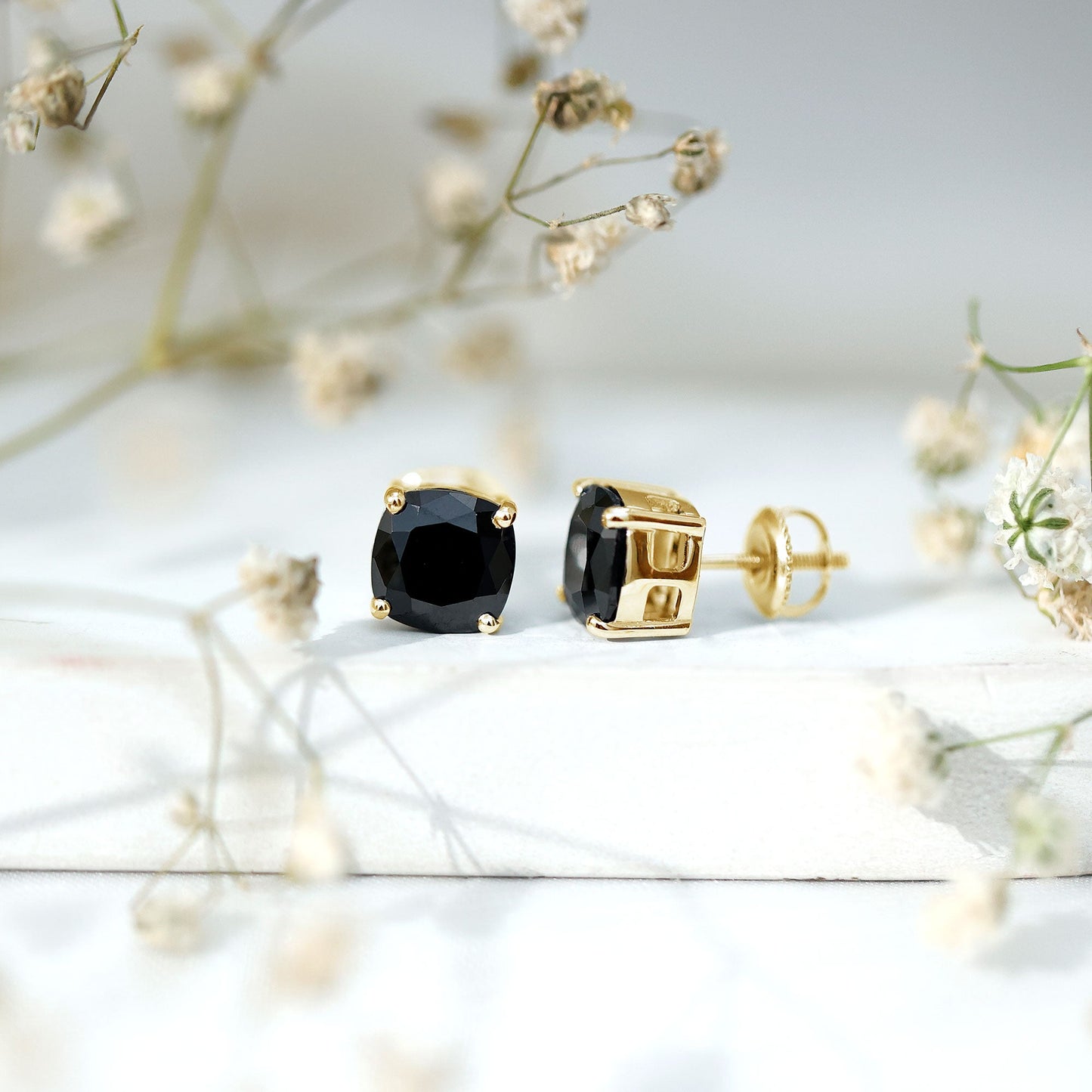 8MM Cushion Cut Created Black Diamond Stud Earrings