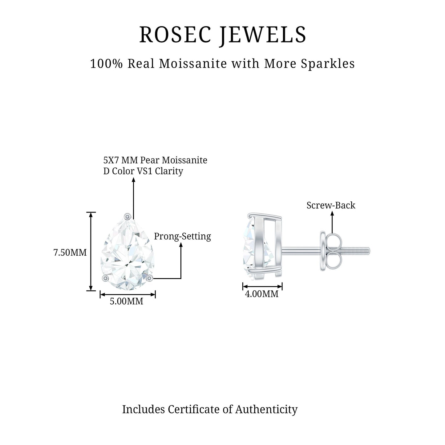 5X7MM Pear Cut Moissanite Teardrop Stud Earrings