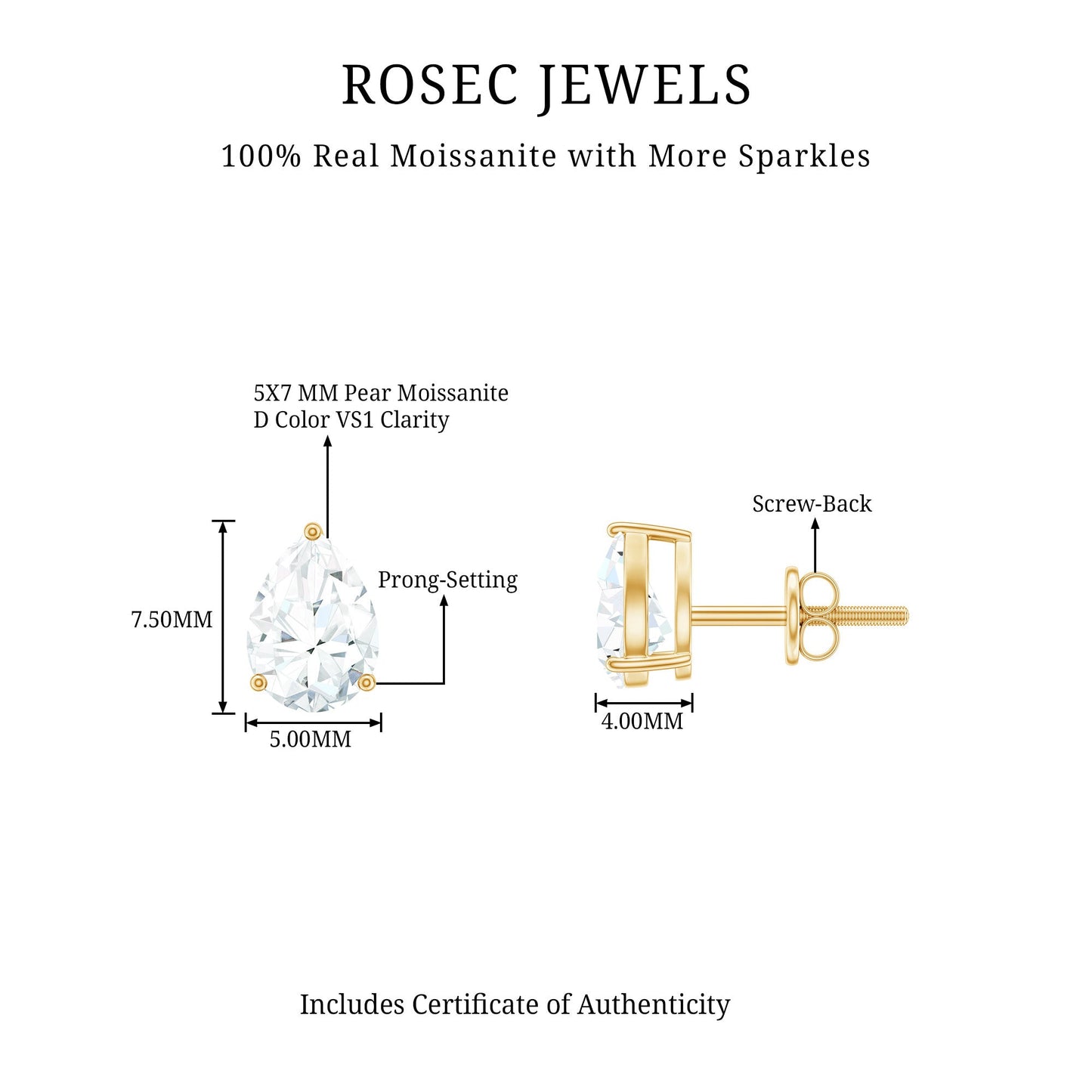 5X7MM Pear Cut Moissanite Teardrop Stud Earrings