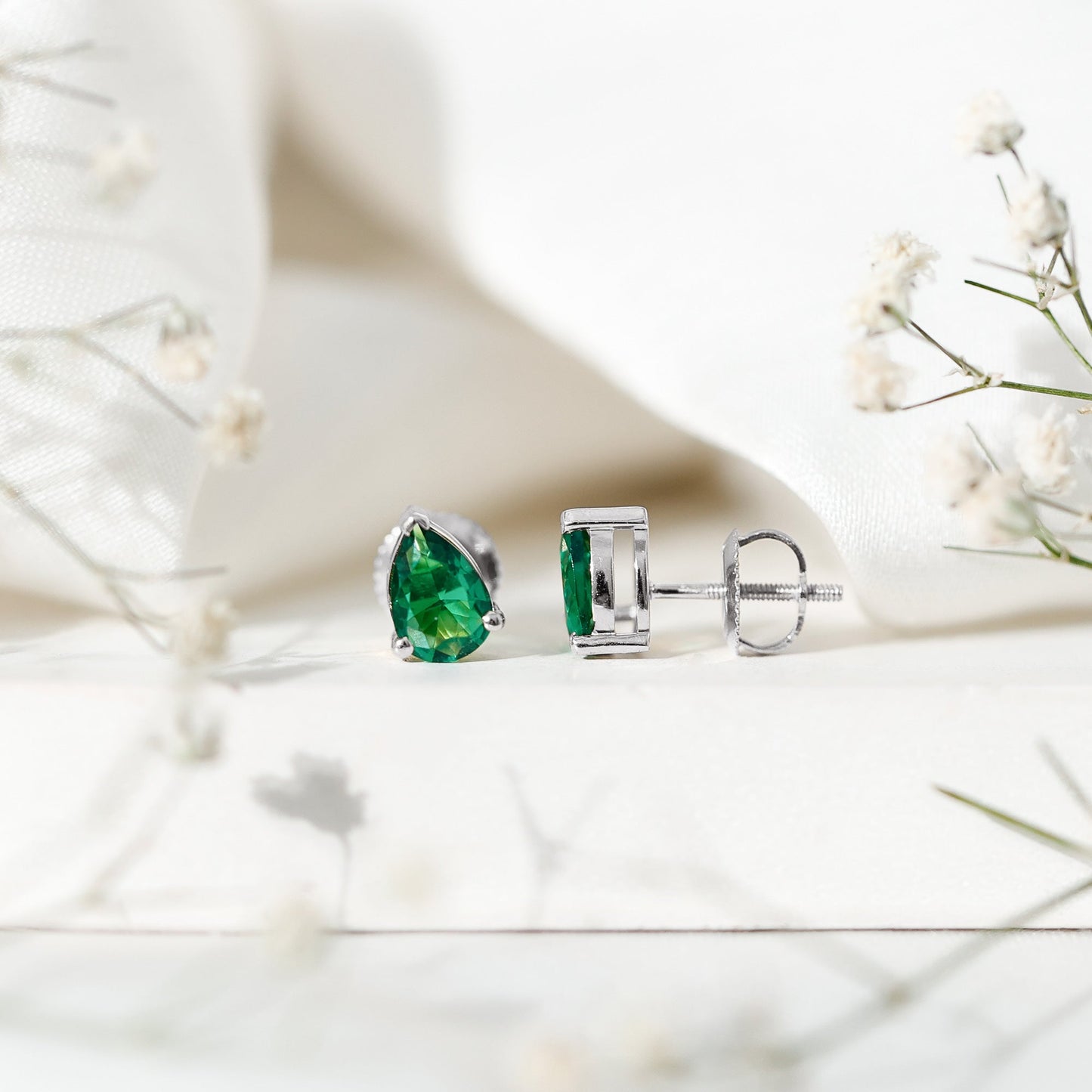 Pear Cut Lab Grown Emerald Teardrop Earrings in 3 Prong Setting