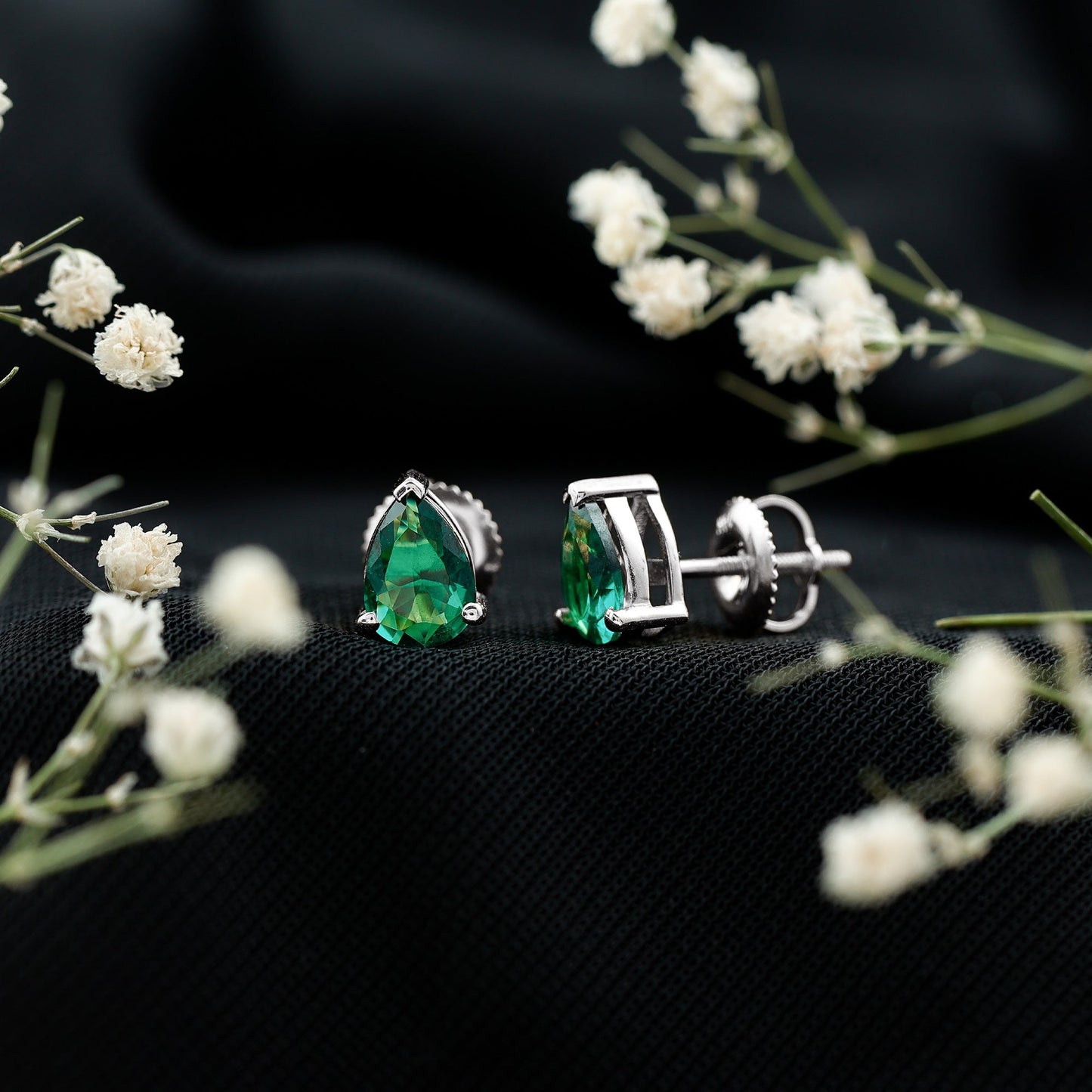 Pear Cut Lab Grown Emerald Teardrop Earrings in 3 Prong Setting