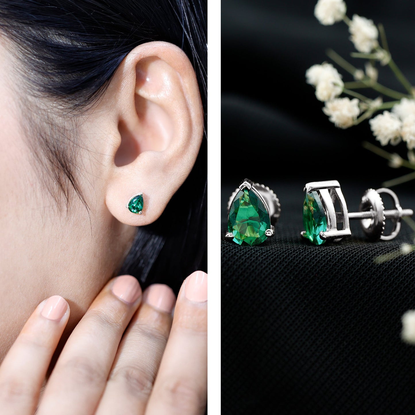 Pear Cut Lab Grown Emerald Teardrop Earrings in 3 Prong Setting