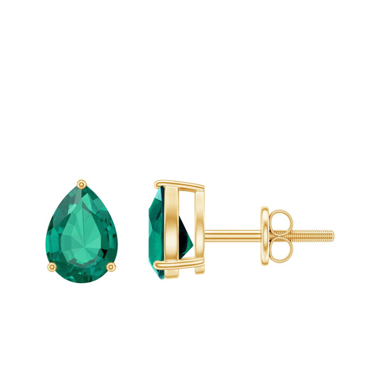 Pear Cut Lab Grown Emerald Teardrop Earrings in 3 Prong Setting