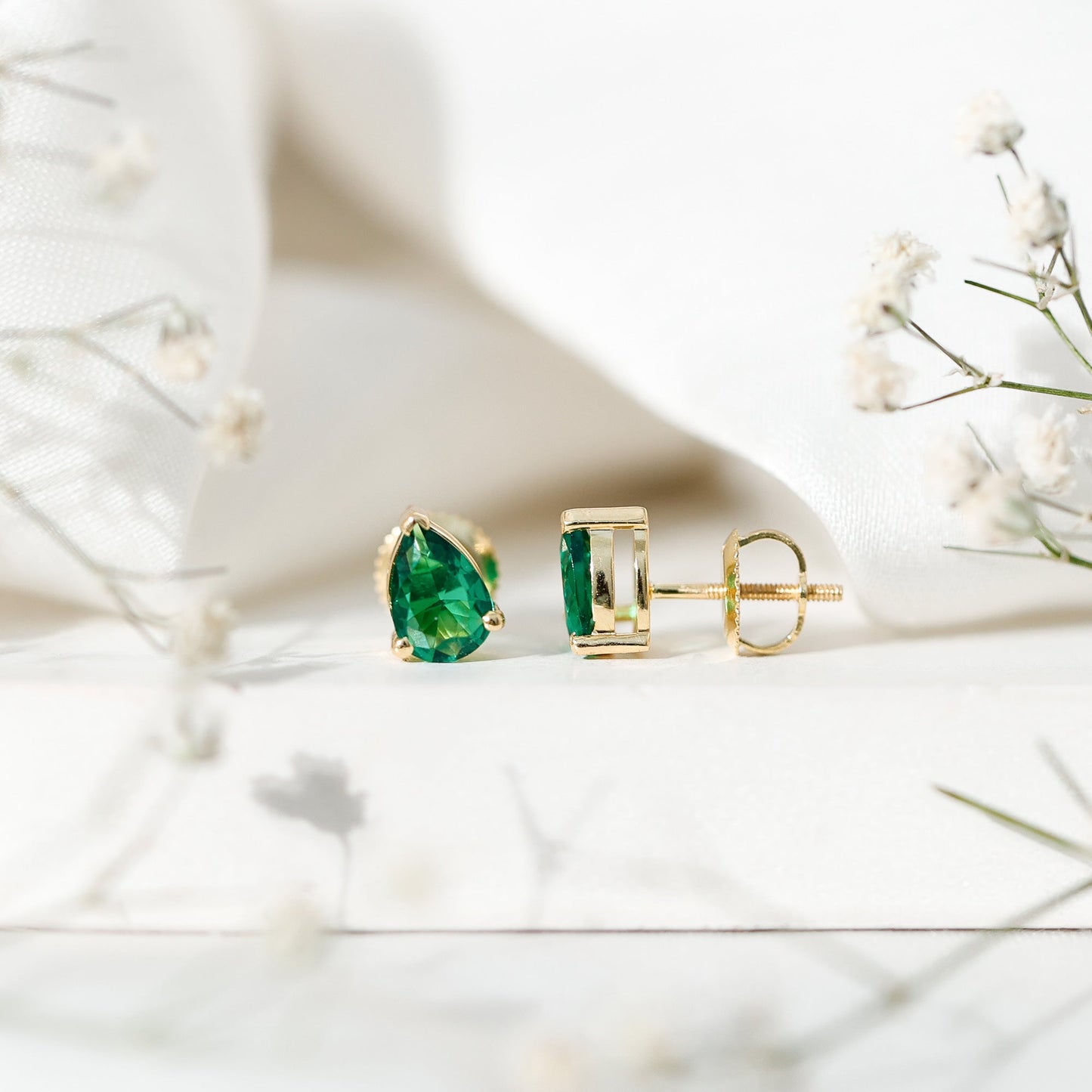 Pear Cut Lab Grown Emerald Teardrop Earrings in 3 Prong Setting