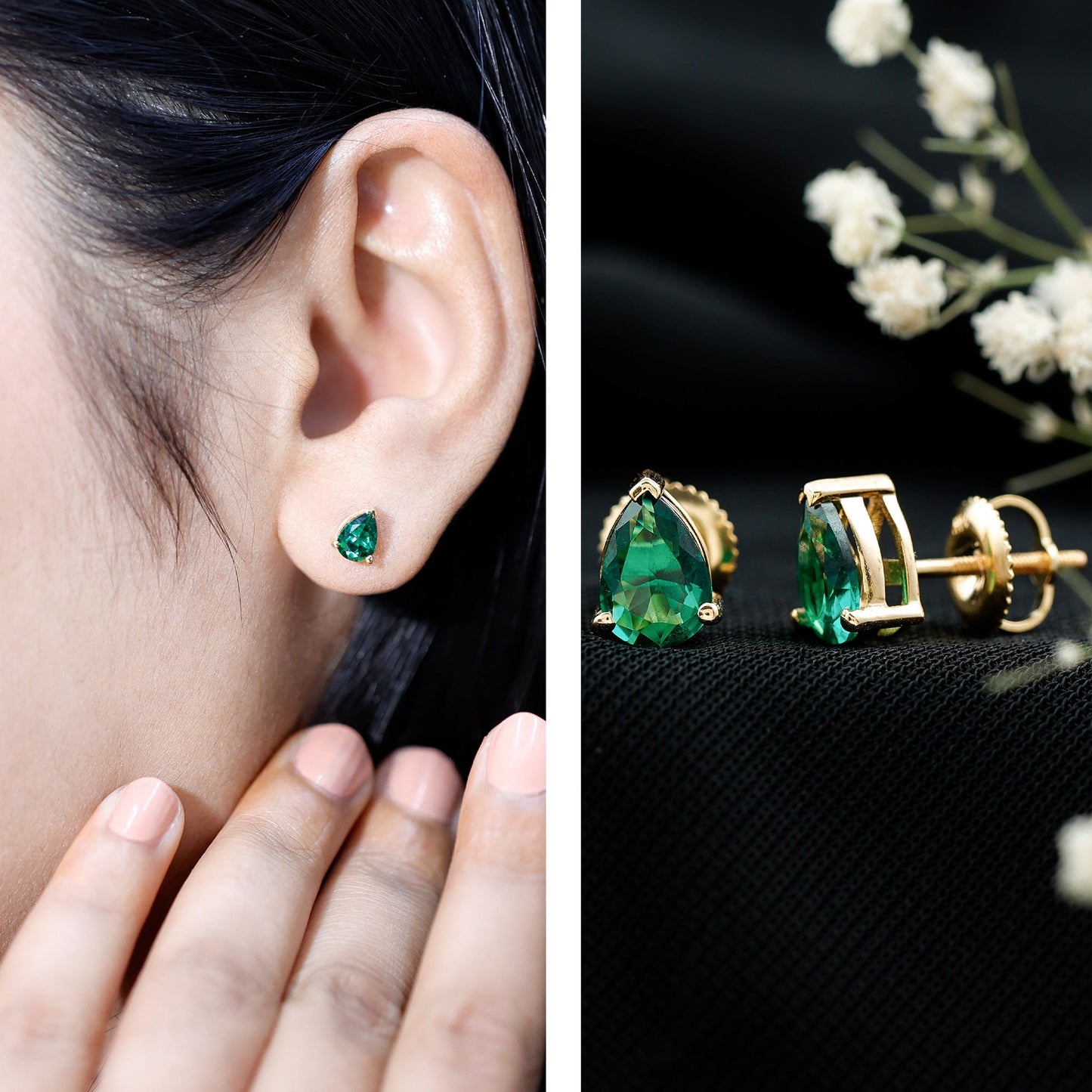 Pear Cut Lab Grown Emerald Teardrop Earrings in 3 Prong Setting