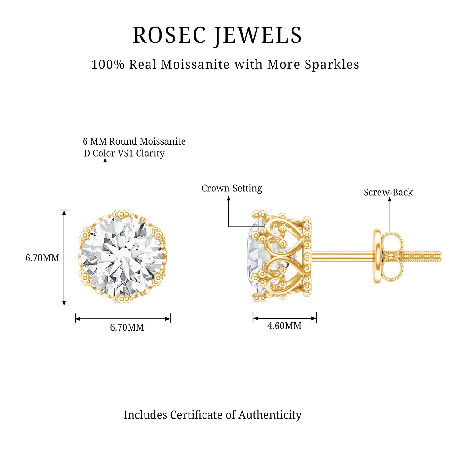 6 MM Round Shape Moissanite Stud Earrings in Crown Setting
