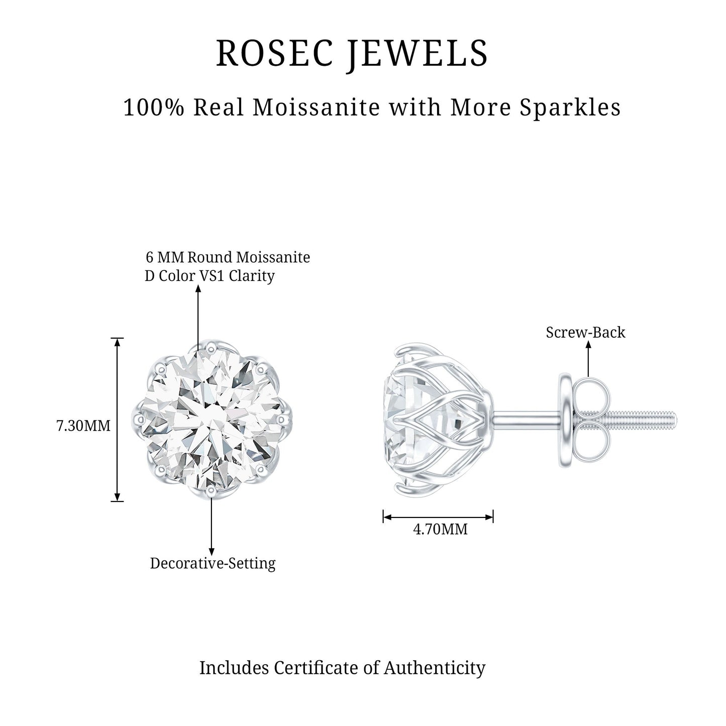 Certified Brilliant Cut 2 CT Moissanite Solitaire Stud Earrings