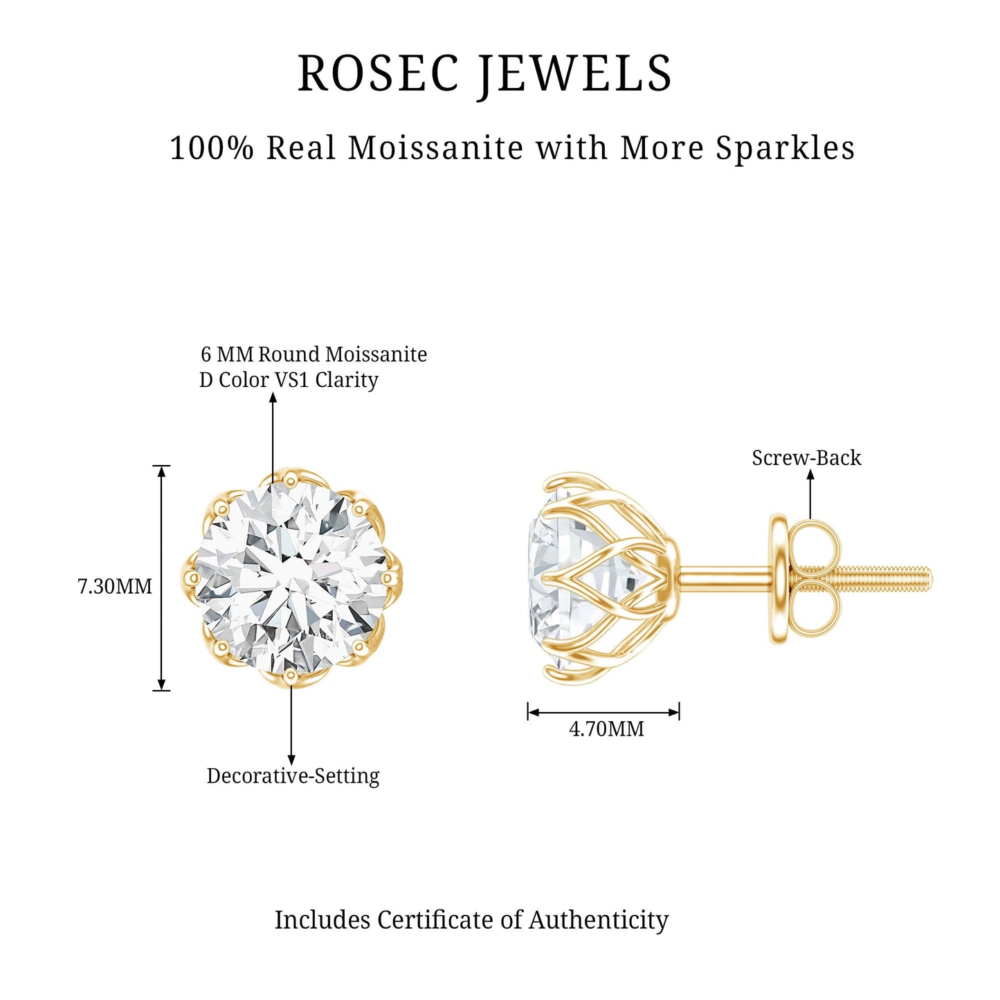 Certified Brilliant Cut 2 CT Moissanite Solitaire Stud Earrings