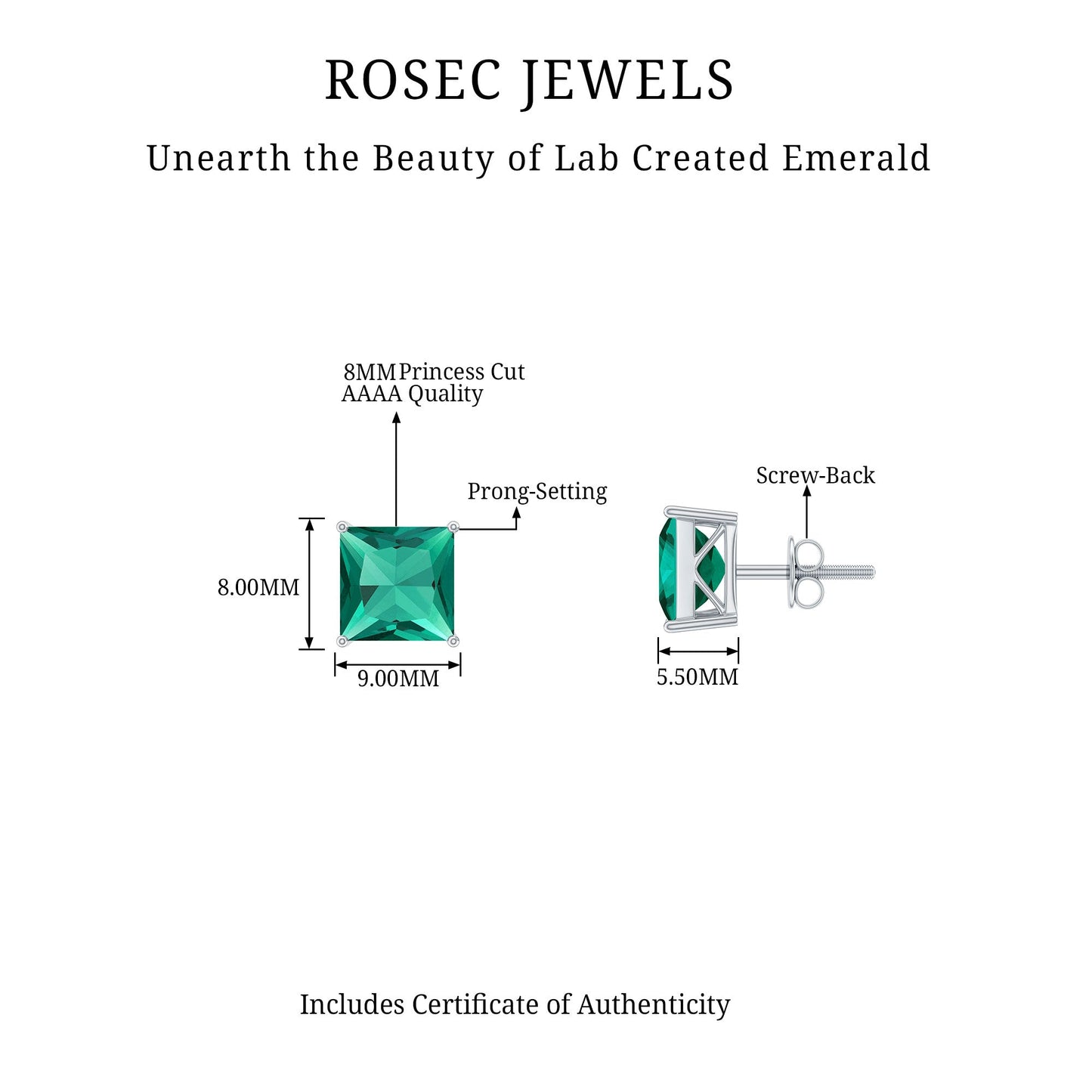 4 CT Princess Cut Lab Grown Emerald Solitaire Stud Earring