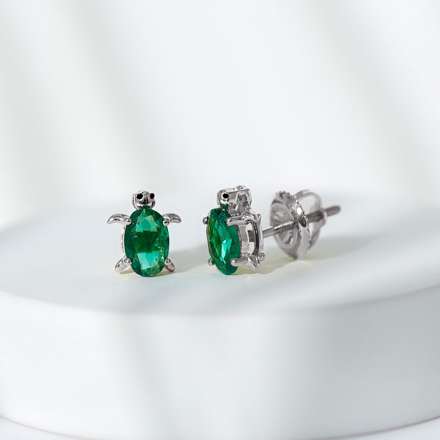 4X6 MM Lab Created Emerald Cute Turtle Stud Earrings