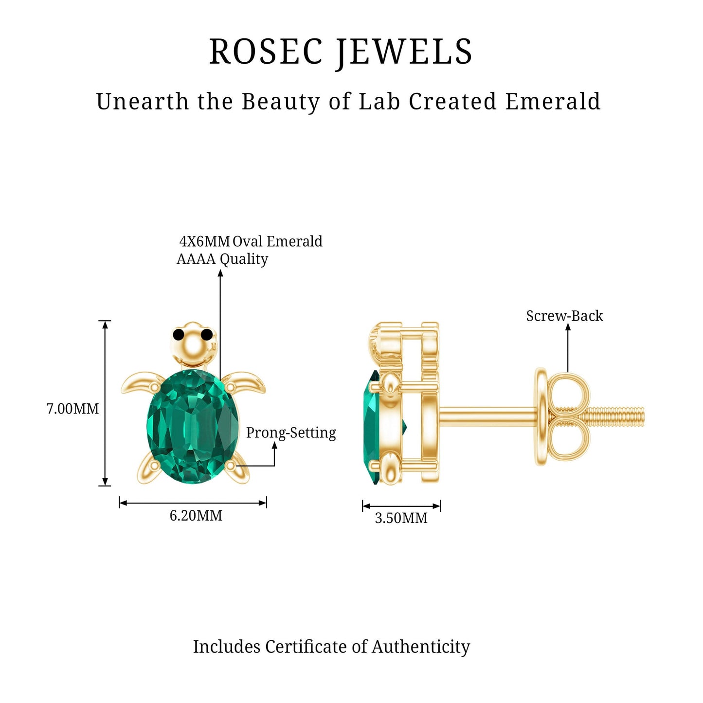 4X6 MM Lab Created Emerald Cute Turtle Stud Earrings