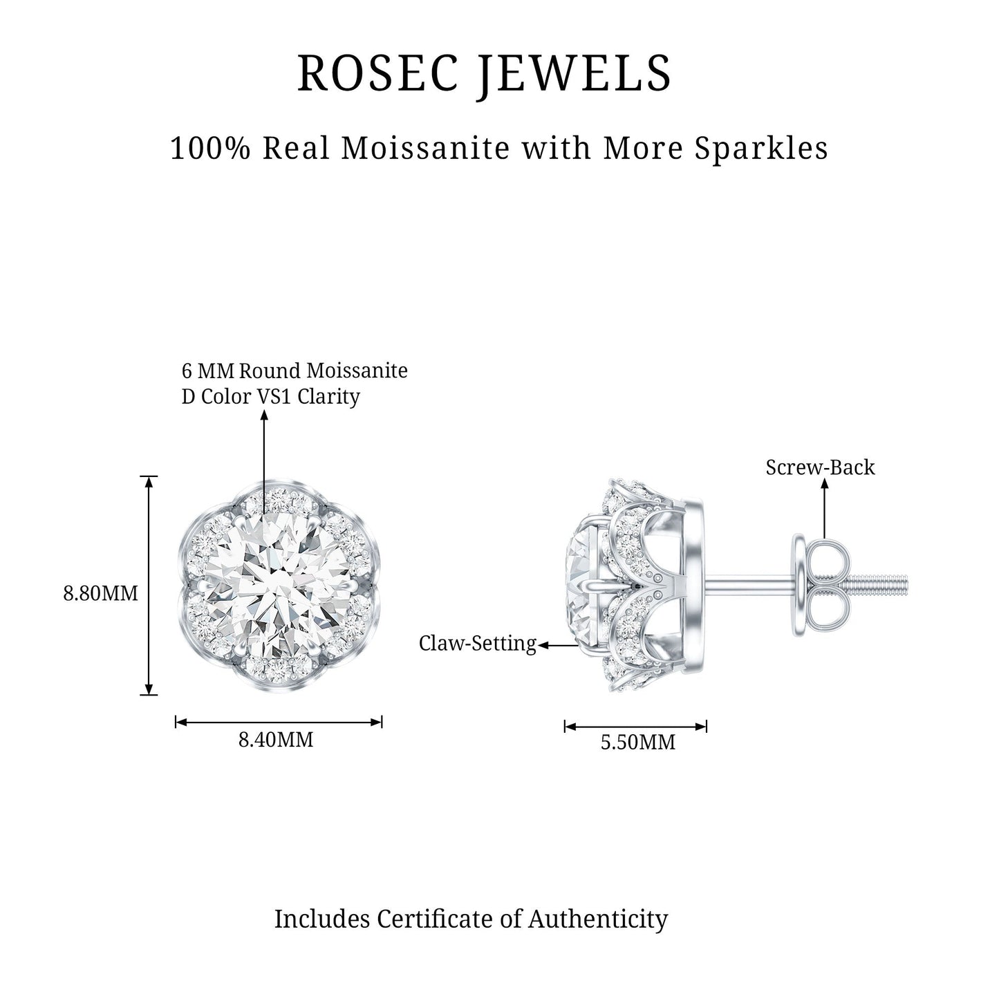 Certified 2 Carat Moissanite Flower Stud Earrings