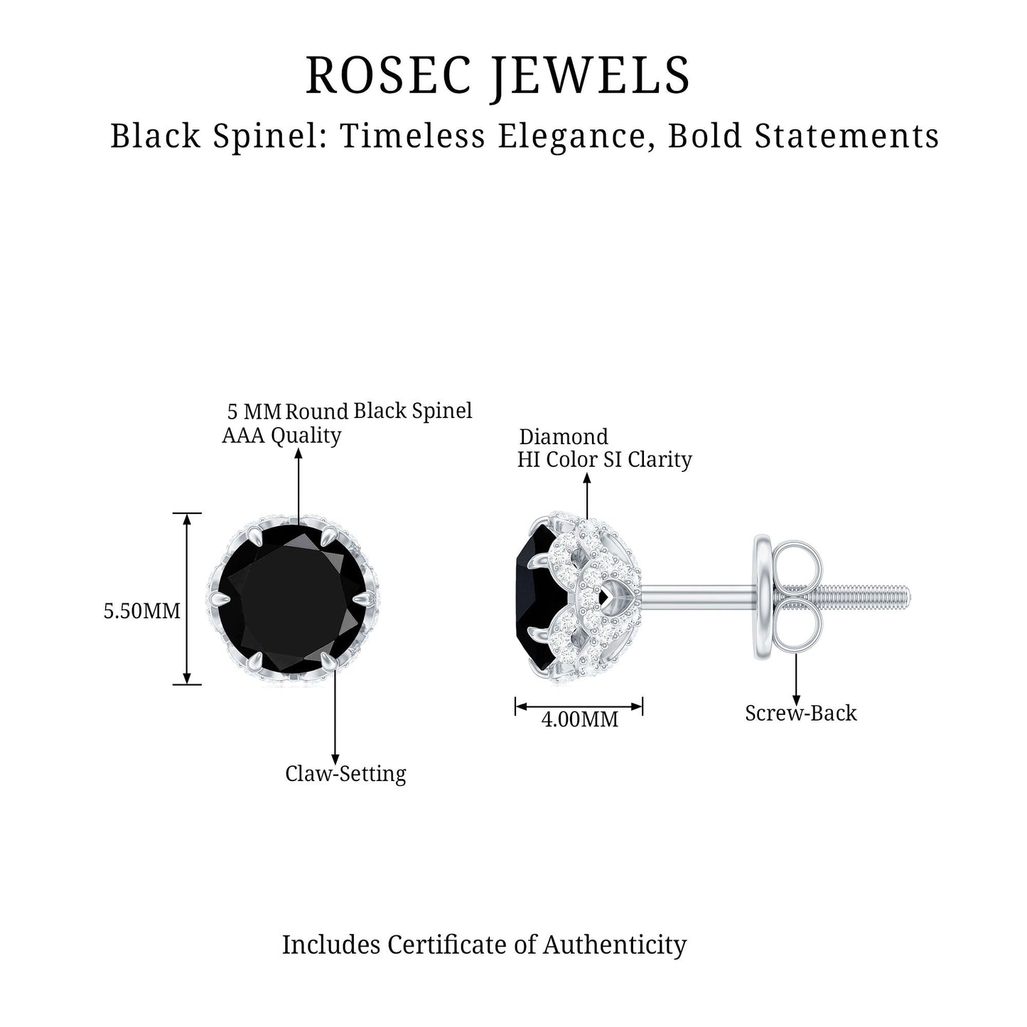 1 Carat Black Spinel Stud Earrings with Diamond Accent