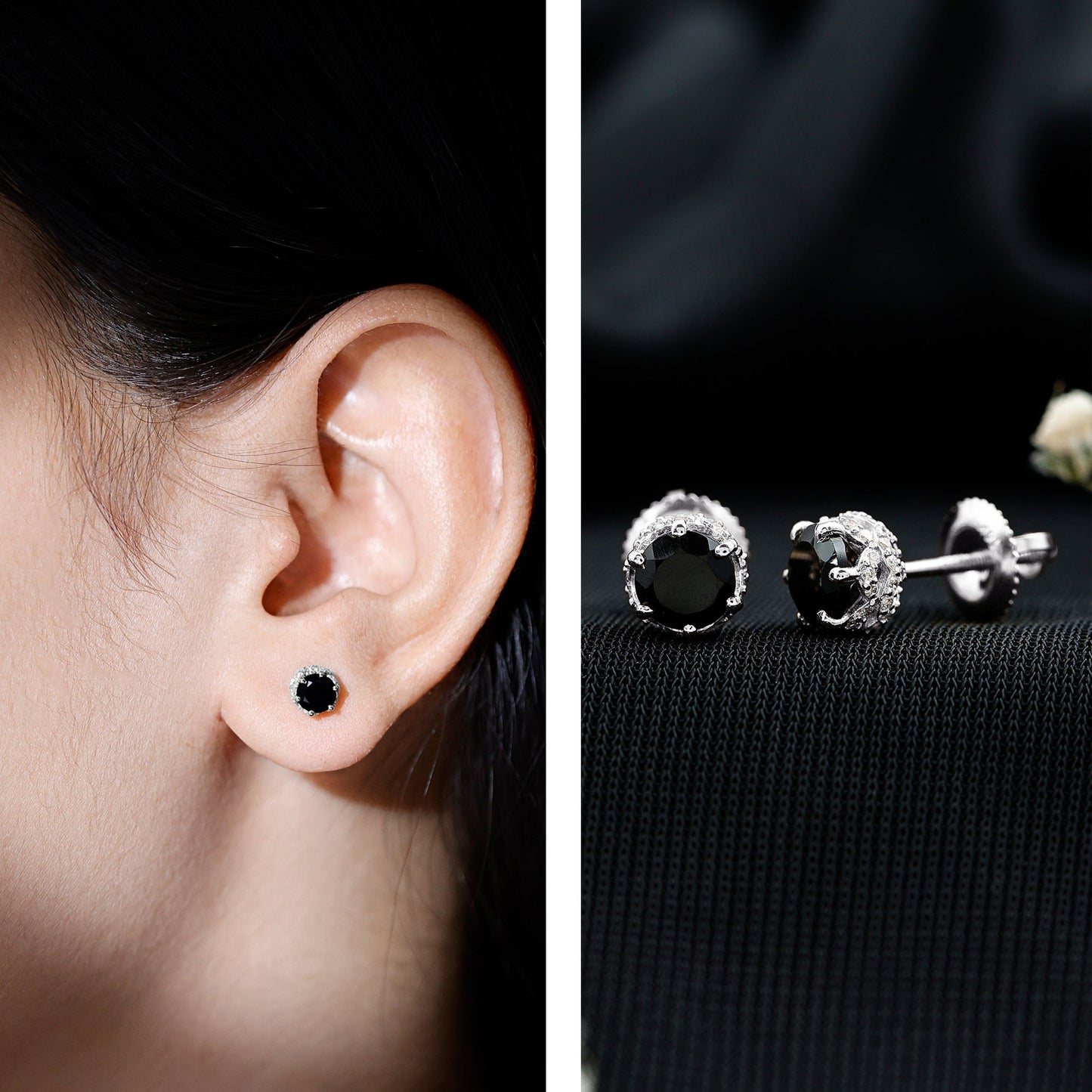 1 Carat Black Spinel Stud Earrings with Diamond Accent
