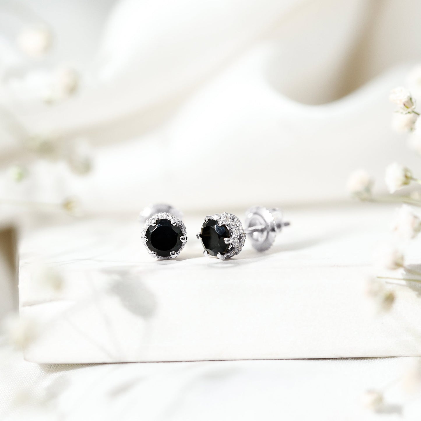1 Carat Black Spinel Stud Earrings with Diamond Accent