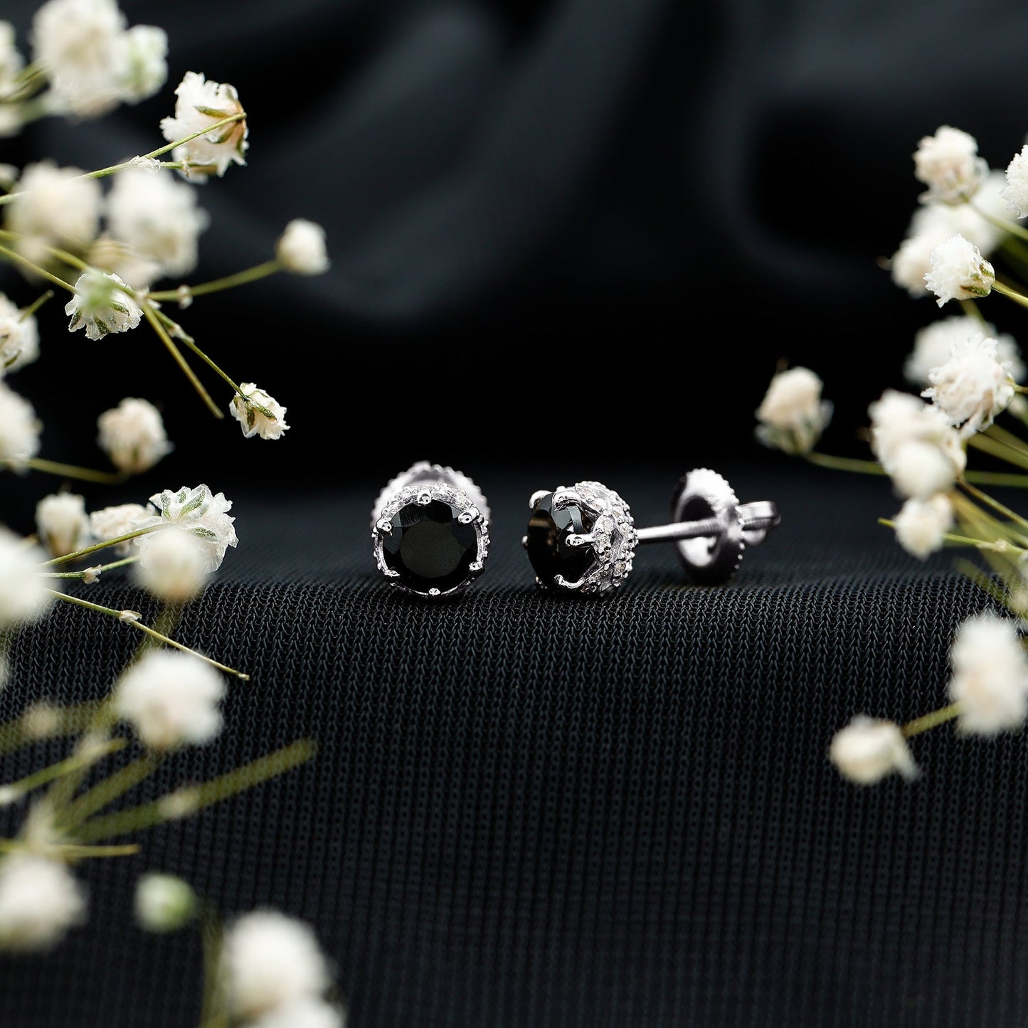 1 Carat Black Spinel Stud Earrings with Diamond Accent