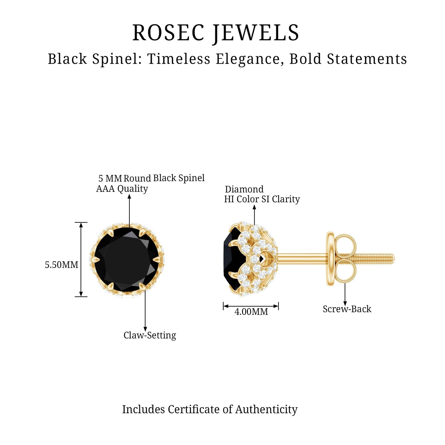 1 Carat Black Spinel Stud Earrings with Diamond Accent