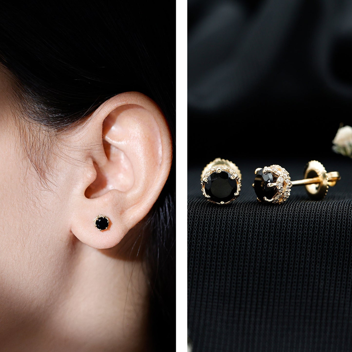 1 Carat Black Spinel Stud Earrings with Diamond Accent