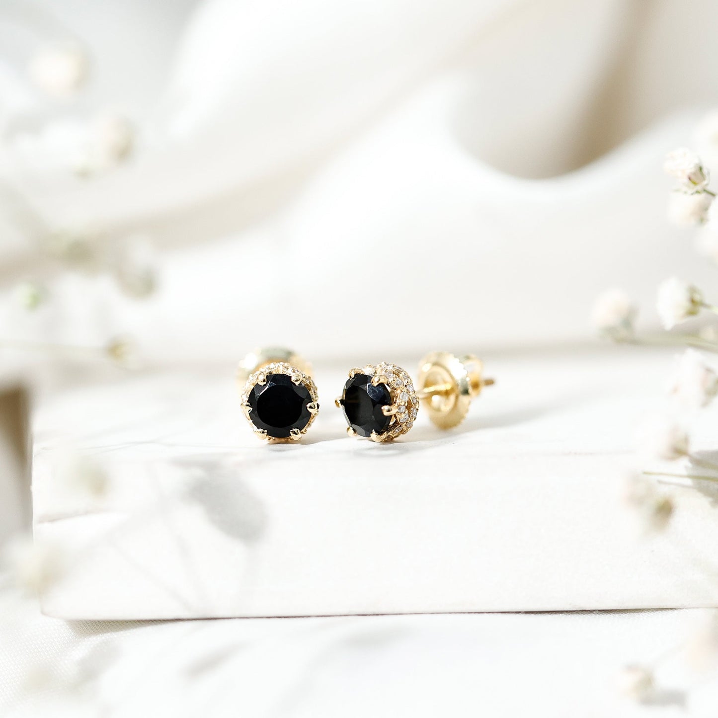 1 Carat Black Spinel Stud Earrings with Diamond Accent