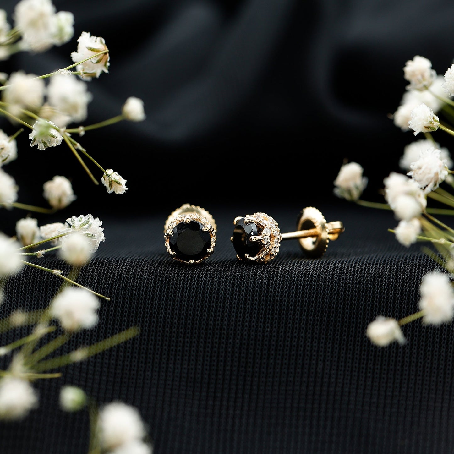 1 Carat Black Spinel Stud Earrings with Diamond Accent