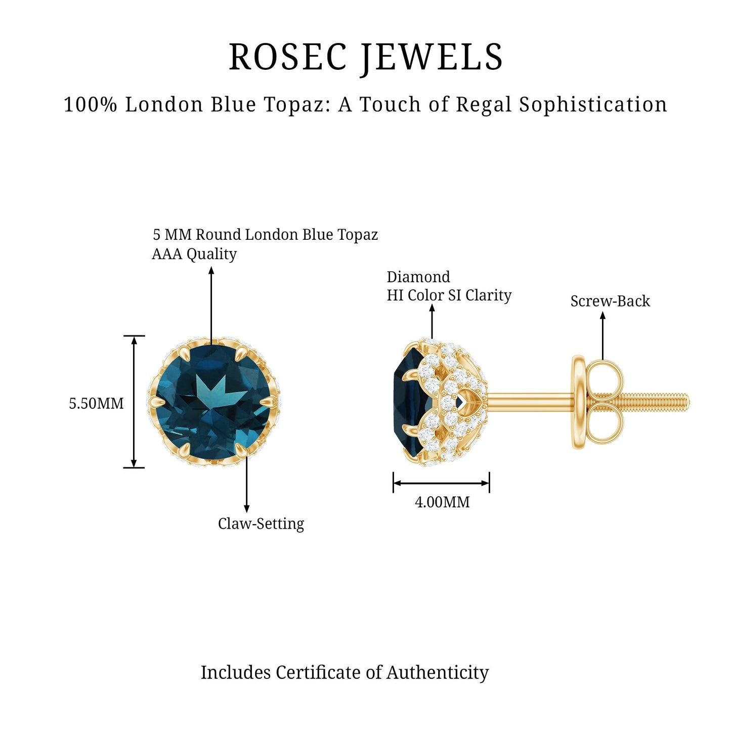 Designer London Blue Topaz Stud Earrings with Diamond
