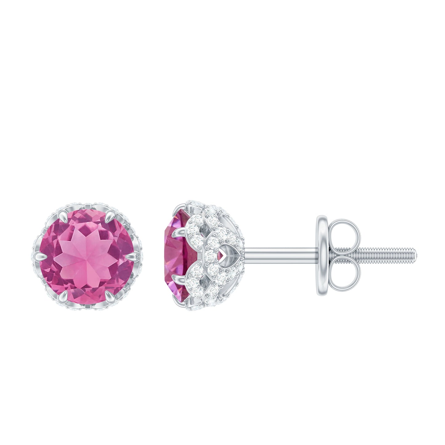 Designer 1 Carat Pink Tourmaline Stud Earrings with Diamond