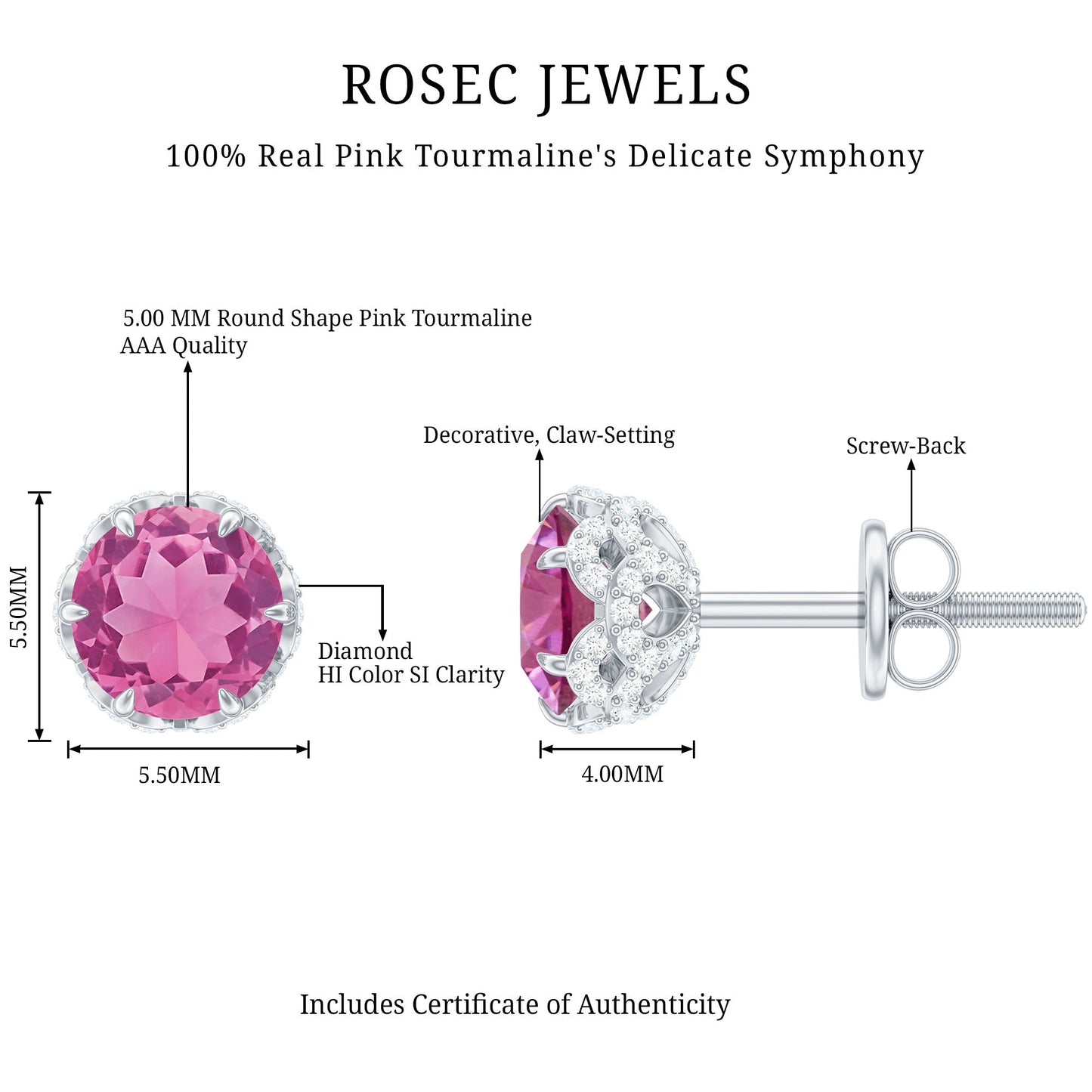 Designer 1 Carat Pink Tourmaline Stud Earrings with Diamond